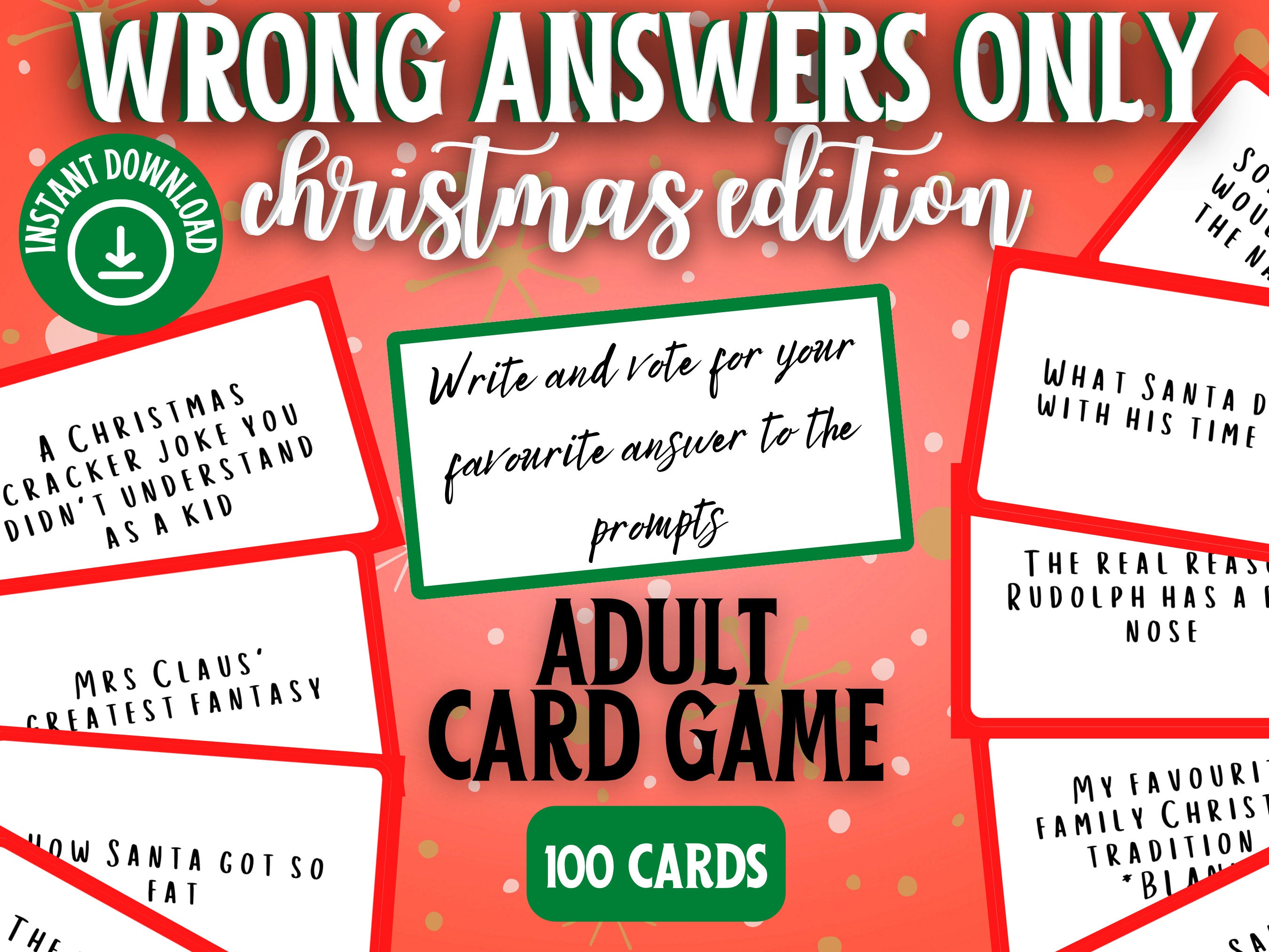 Christmas Adult Card Game: Wrong Answers Only, Printable Prompts (PDF)