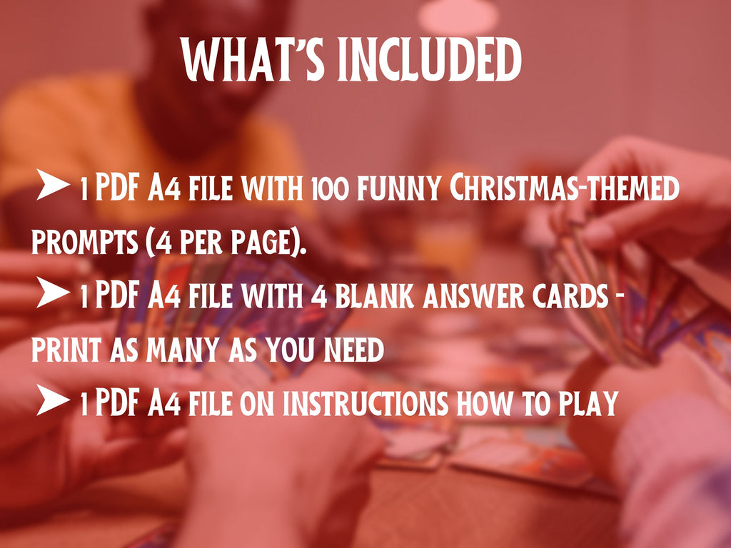 Christmas Adult Card Game: Wrong Answers Only, Printable Prompts (PDF)