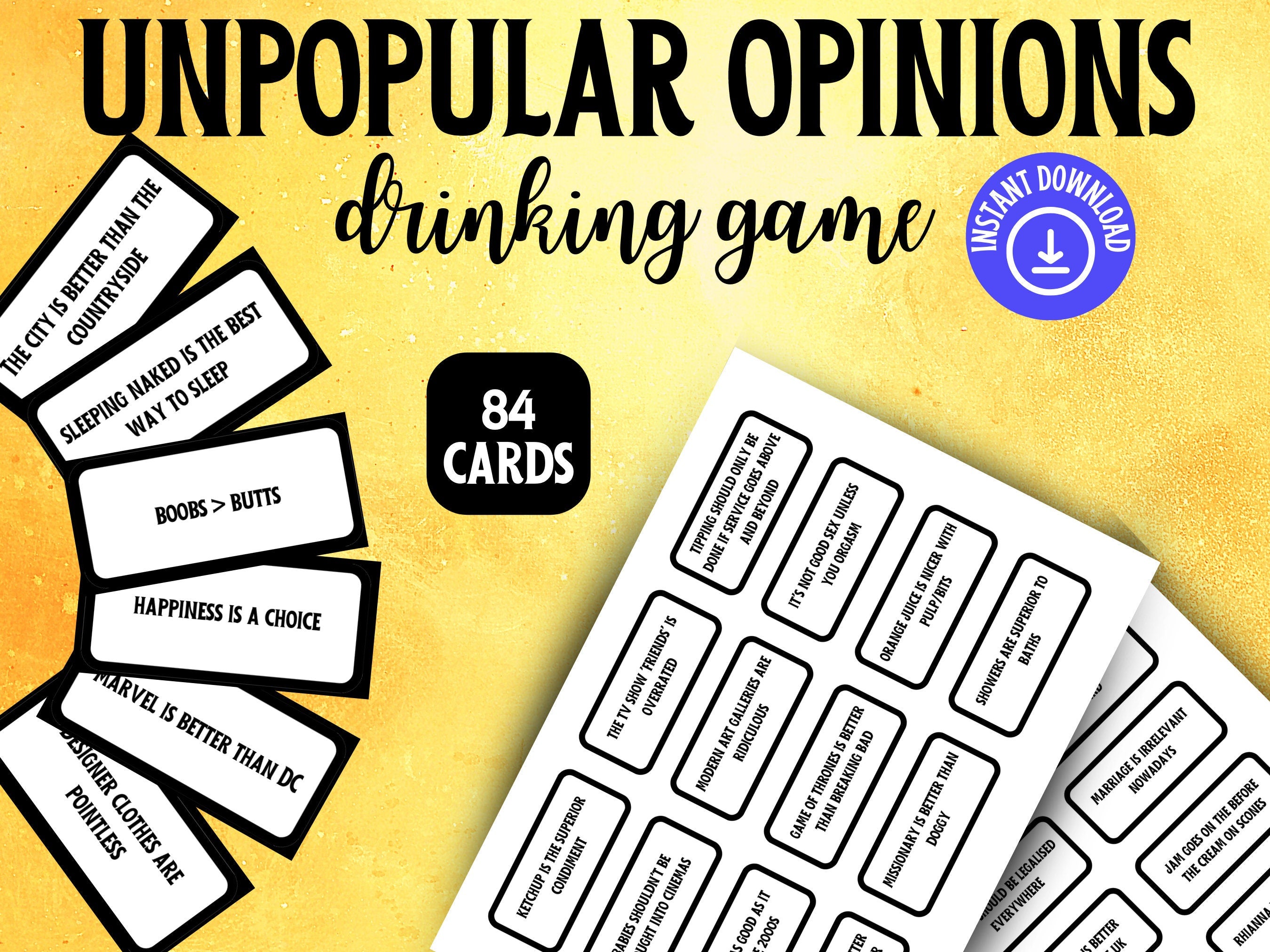 Hilarious Printable Party Game, Drinking Game Cards: Unpopular Opinions