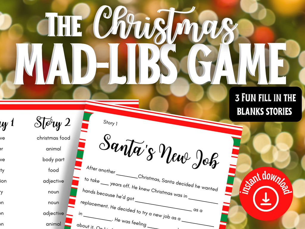 Christmas Mad Libs Printable Game For Kids, 3 Children's Christmas Day Story Party Games, Educational Xmas Fun for Children
