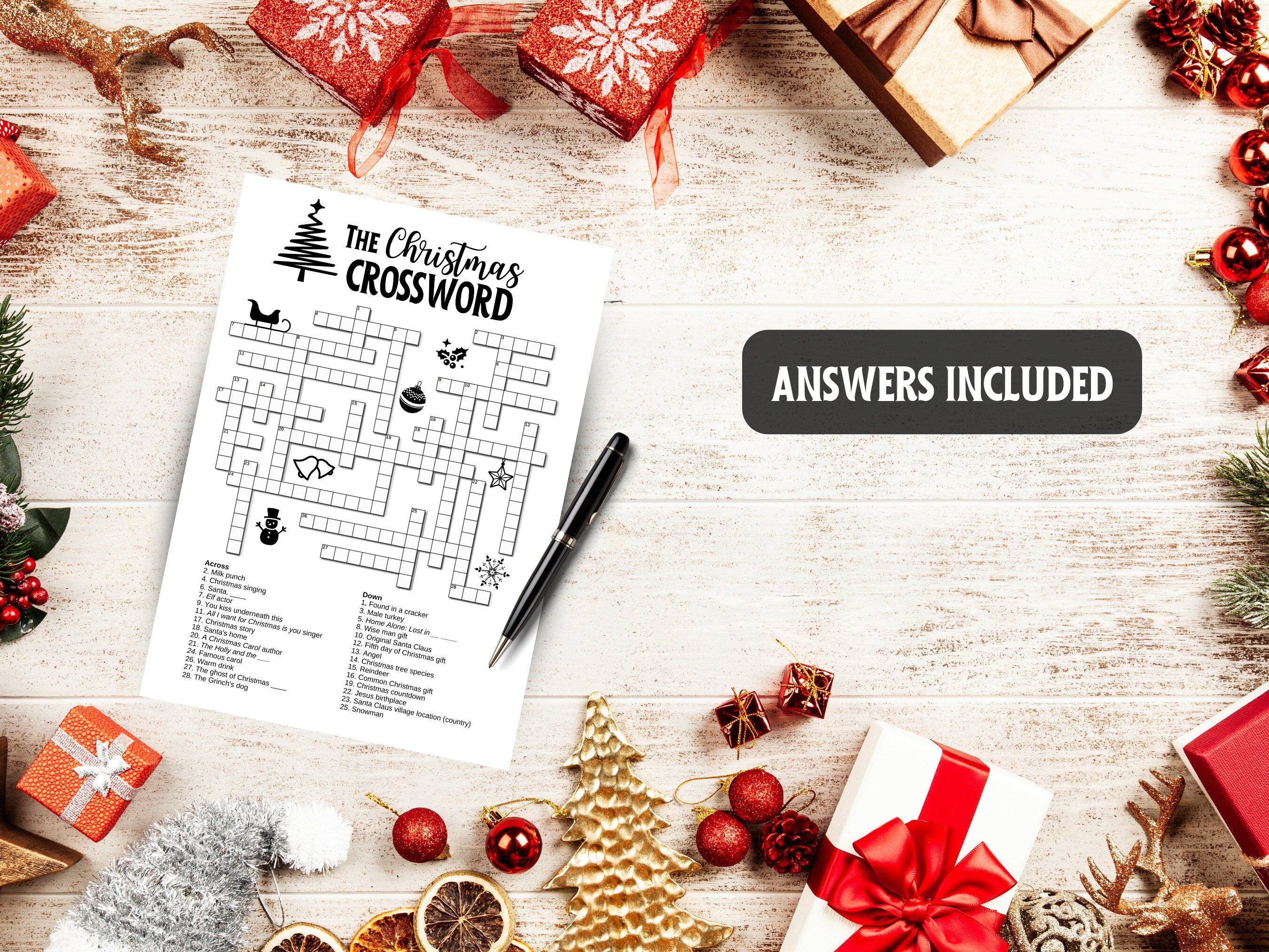 The Christmas Crossword, Printable Festive Trivia Puzzle Game, Digital Kids Game for Christmas Holidays, Instant Download Game for Children