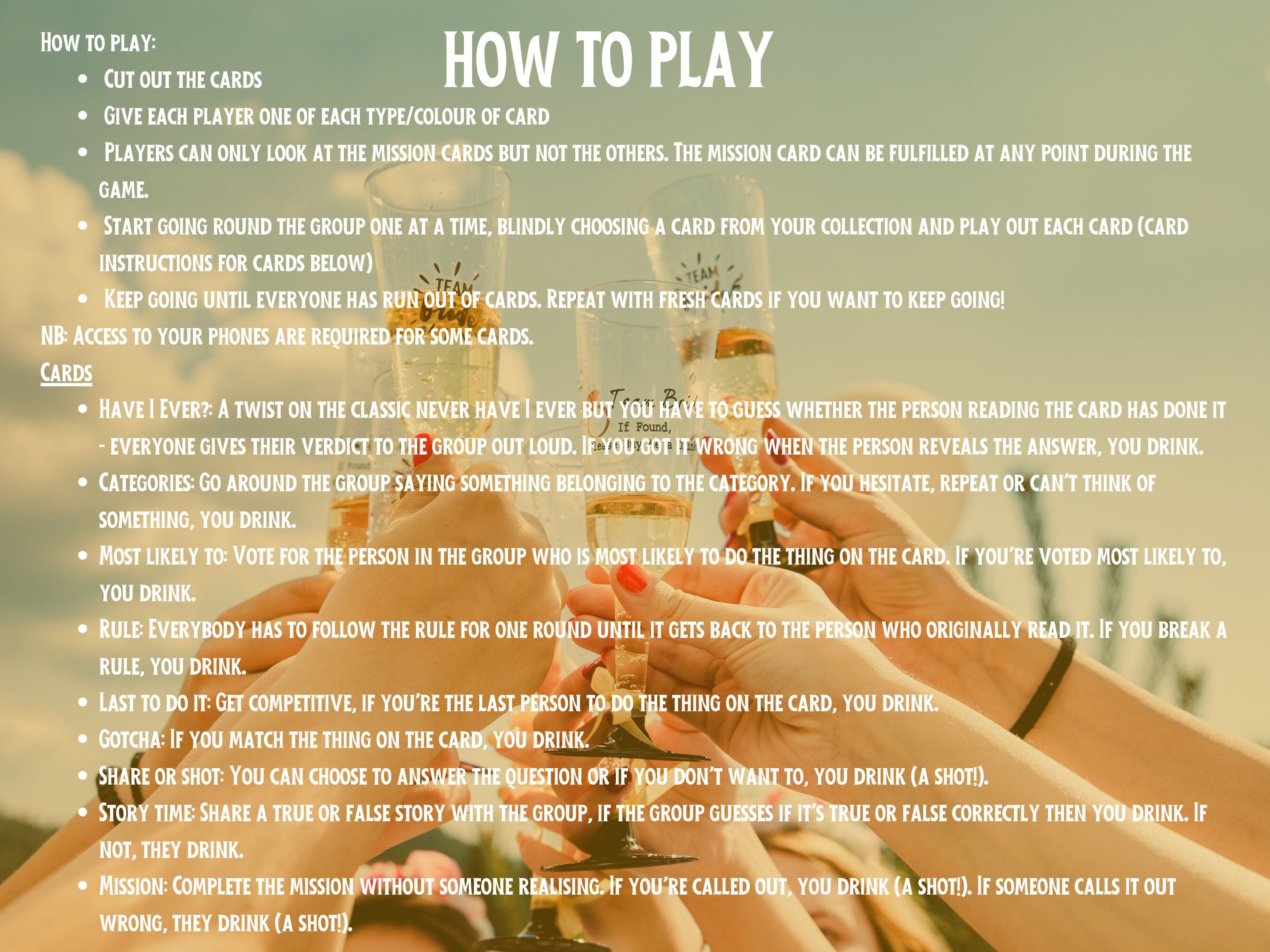 Printable Drinking Game For Parties, Never Have I Ever / Most Likely To / Challenge Games