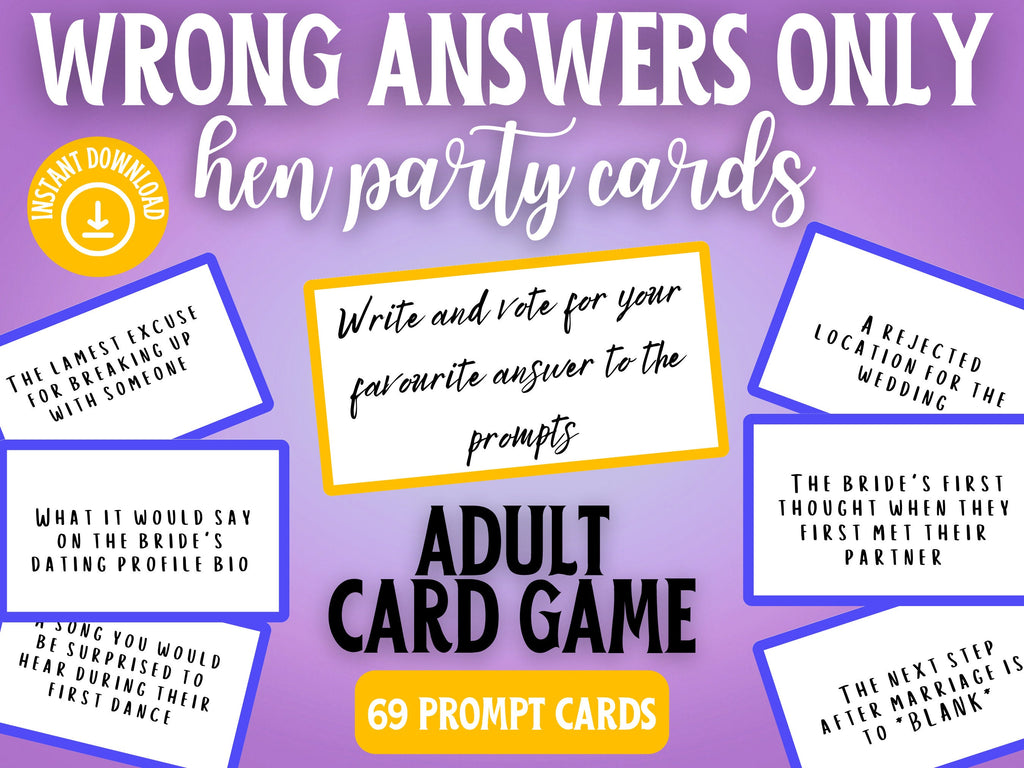 Hen Party Card Game: Wrong Answers Only Prompts (Printable)