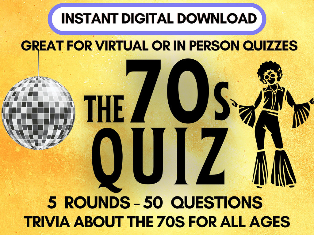 70s Trivia Quiz, Birthday Party Game (PowerPoint, PDF)
