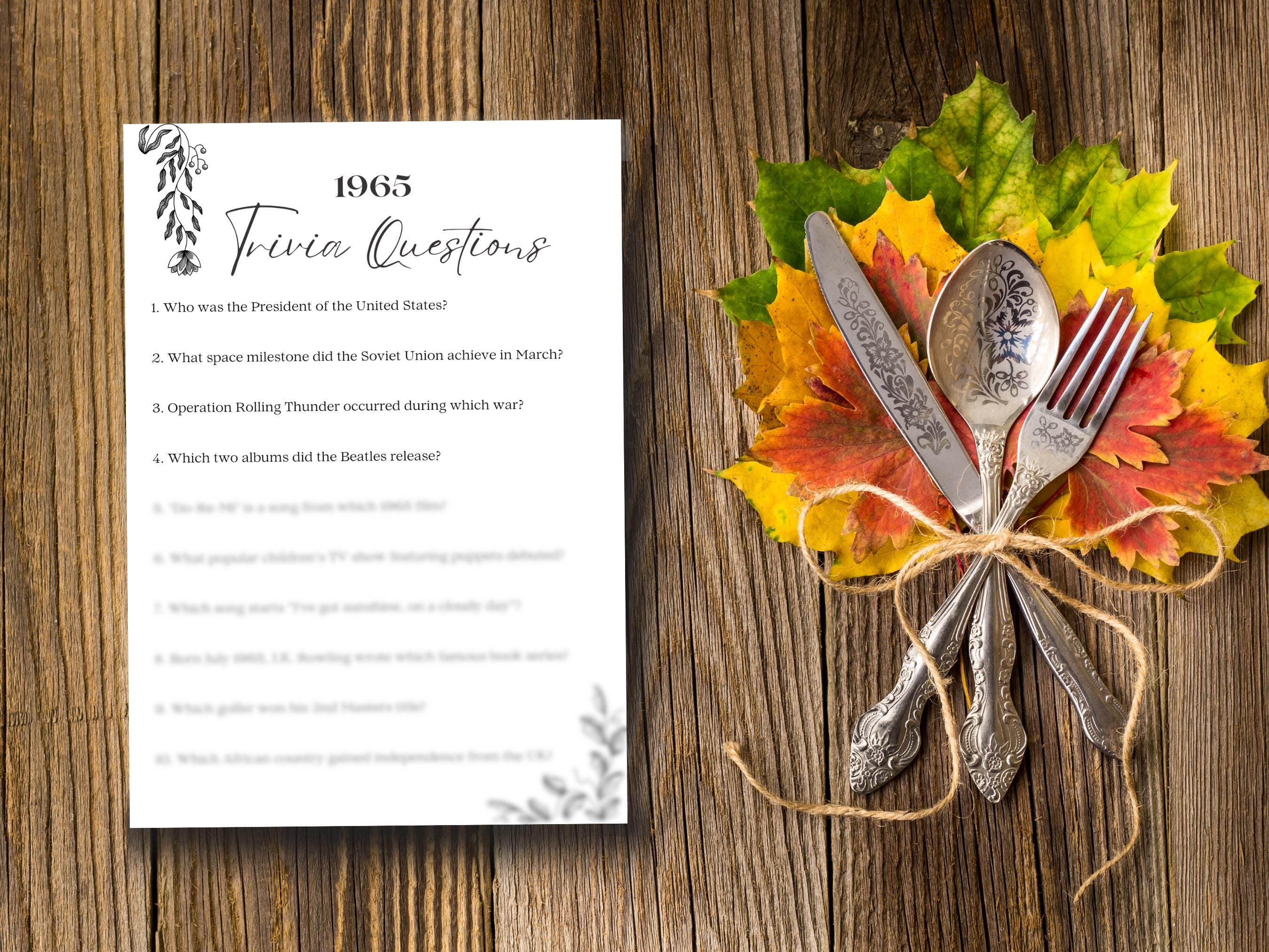 1965 Printable Trivia Questions, 60th birthday game