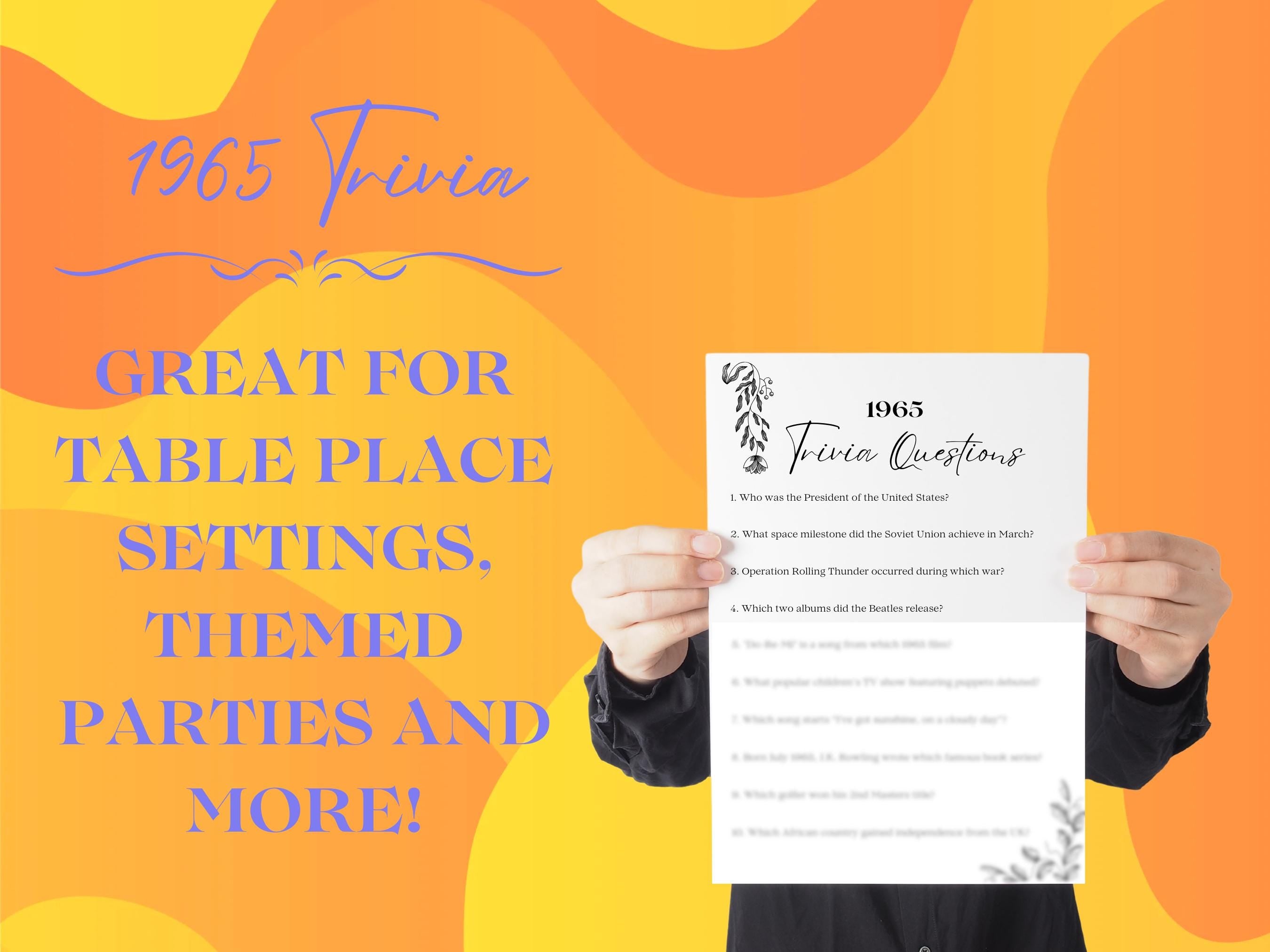 1965 Printable Trivia Questions, 60th birthday game